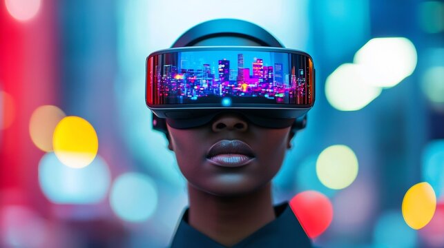AI powered virtual reality headset displaying digital data overlays and information in a futuristic brightly illuminated cityscape at night Cyberpunk inspired technology and innovation concept