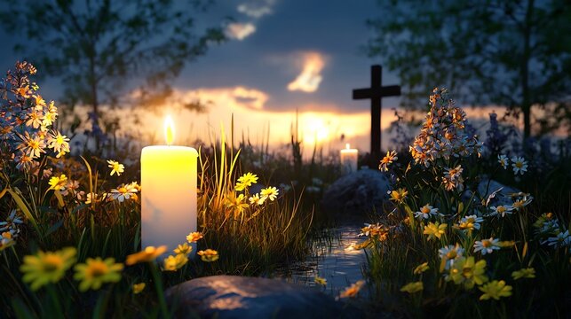 Atmospheric candle lit Easter vigil service with a glowing cross symbol and lush floral displays in a serene garden graveyard setting at dusk