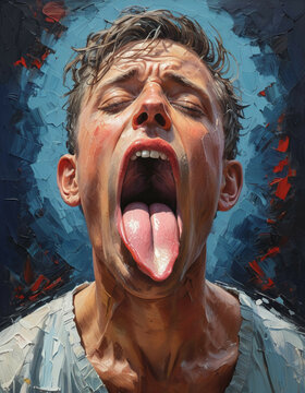 A portrait of a young man with his mouth wide open, displaying his tongue.