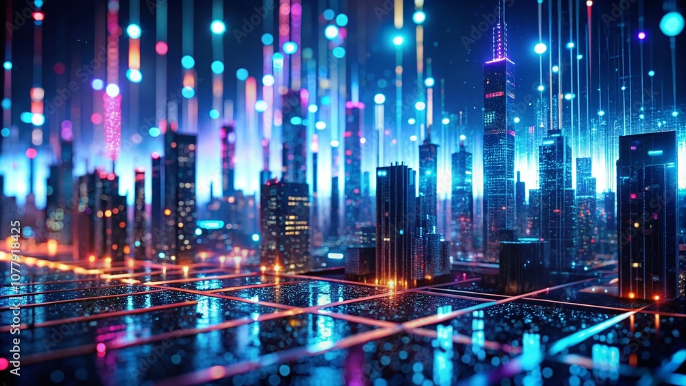 Poster a vivid stream of neon binary code flowing through an urban landscape, capturing the essence of cybe