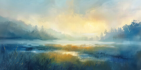 Fototapeta premium Morning mist gently rises as the sun appears, casting a soft glow over a tranquil natural landscape.