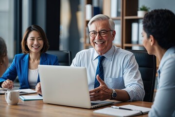 Optimistic Veteran Manager Participating in Online Training and Strategic Meetings Using Laptop