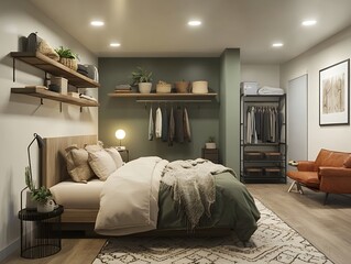 落ち着いたグリーンのインテリアが魅力的なベッドルーム | Cozy Bedroom with Calming Green Tones and Natural Decor