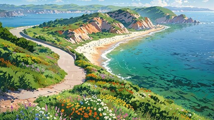 A winding coastal road with a cliffside view, lined with vibrant wildflowers and beach umbrellas in the distance, capturing a sunny summer day.