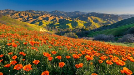 Breathtaking landscape featuring a field of vibrant red poppies blooming amidst rolling green hills under a clear blue sky