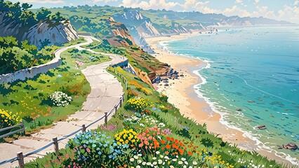 A winding coastal road with a cliffside view, lined with vibrant wildflowers and beach umbrellas in the distance, capturing a sunny summer day.