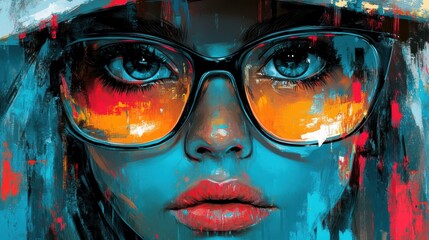 very cool perfect face glasses, hat, artist girl airbrush art graffiti. cool atmosphere in flat illustration style.
