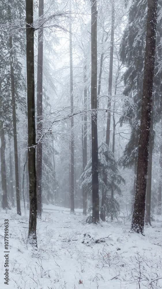 Poster magic snowy and foggy forest with loop snowfall.