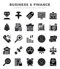 Set of Business & Finance icons in Glyph style. Glyph Icons symbol collection.