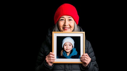 A smiling grandmother wearing a red beanie holds a framed photo of her granddaughter, who is also wearing a beanie, against a black background.