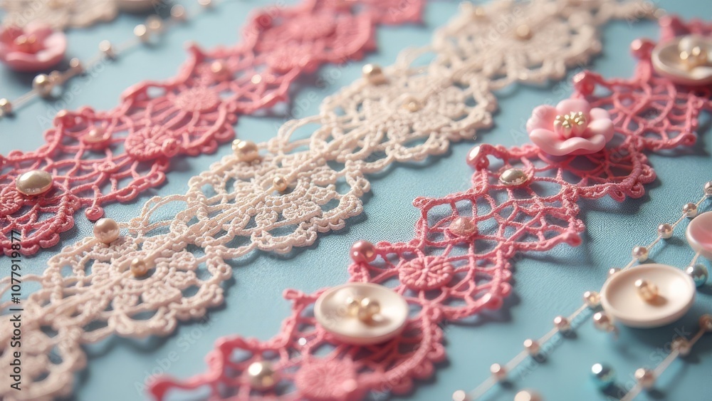 Poster a close up of buttons and lace with a pink background