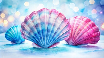 Fototapeta premium Beautiful Watercolor Paintings of Pink and Blue Scallops on White Background for Event Decoration and Design Inspiration