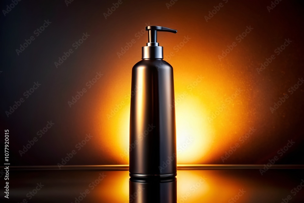 Poster black shampoo bottle displayed elegantly against a soft gradient background with ample copy space fo