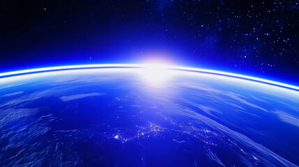 Fototapeta premium Earth in space universe planet with shiny star dark blue technology science background with copy space. astronomy starry sky shimmering glow wallpaper