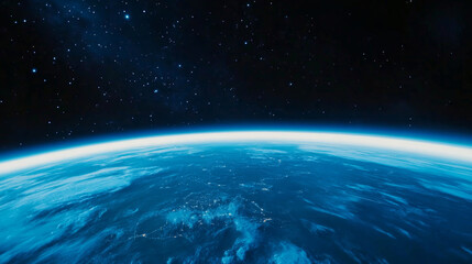 Fototapeta premium Earth in space universe planet with shiny star dark blue technology science background with copy space. astronomy starry sky shimmering glow wallpaper