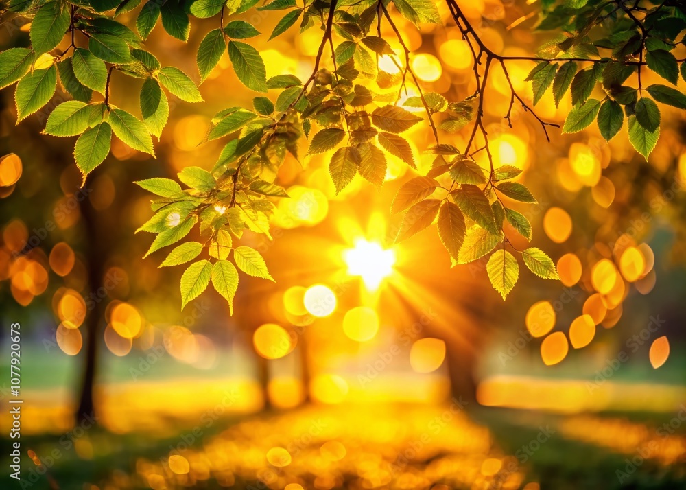 Aufkleber bokeh effect of sunset rays filtering through leaves, creating a soft and romantic ambiance in natur
