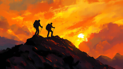 Fototapeta premium Two hikers ascend a rocky hill one reaching out to assist the other silhouetted against a vibrant golden hued sunset sky dramatic shadows rugged terrain and a cinematic. Cinematic. Illustration
