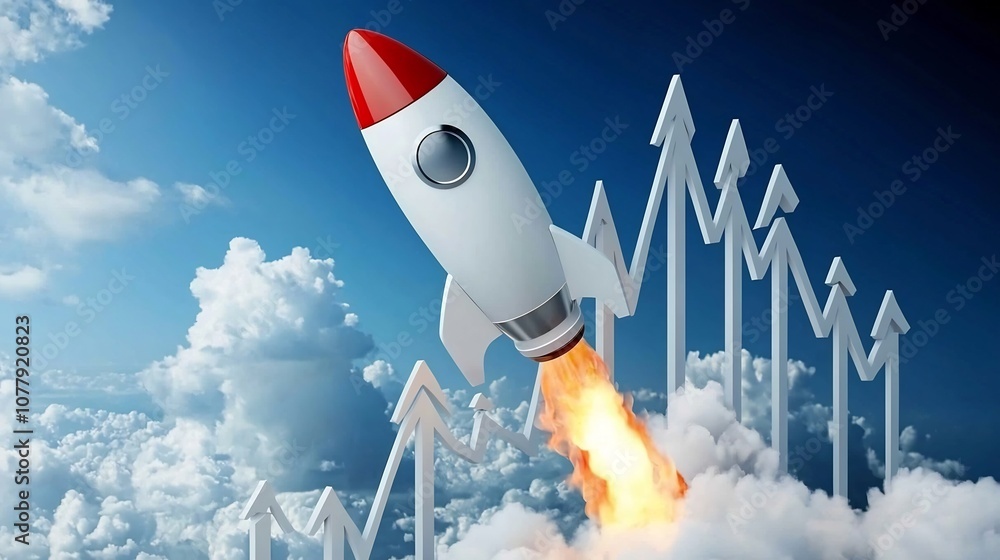 Poster conceptual 3d of a rocket launching alongside a rising graph symbol symbolizing rapid growth progres