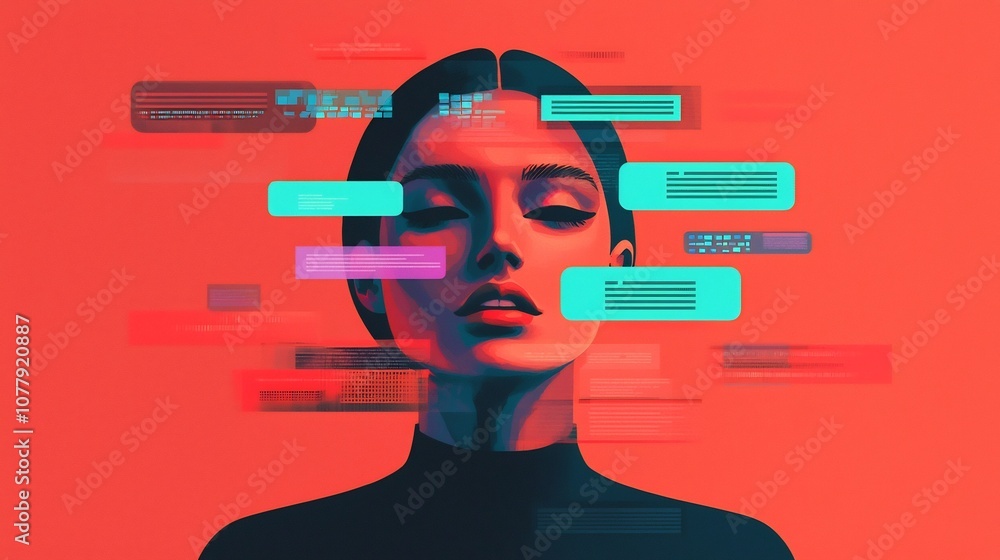 Poster creative abstract of stylized human communication icons and chat bubbles within a flat minimalist di