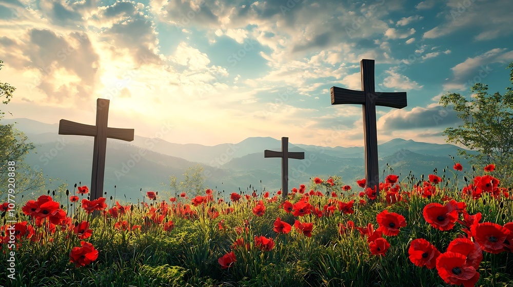 Poster crosses adorned with red poppies in a quiet field symbolizing respect and honor for those who sacrif
