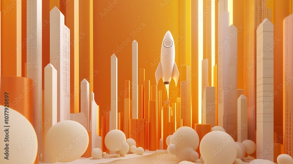 Poster conceptual 3d showcasing the financial growth and business success represented by a rocket launch an