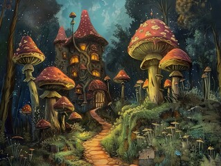 Fototapeta premium Enchanted Forest House: A Magical Mushroom Home in a Glowing Night Landscape