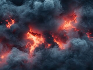 Fototapeta premium Billowing red and orange smoke clouds against a pitch-black background, creating a dramatic and abstract effect with intense contrast.