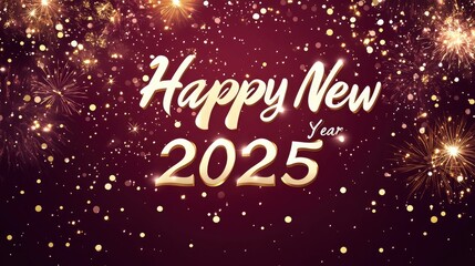 Playful white text conveying New Year wishes on a deep burgundy background, adorned with soft gold highlights.