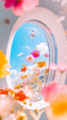 Flowers fill subway car airplane window floral colorful rainbow blossom fashion vibrant background. 3D wild floral romantic beauty modern dreamy card surreal wallpaper