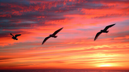 Fototapeta premium Silhouettes of birds flying across a vibrant sunrise, the sky painted in rich colors of orange and pink.