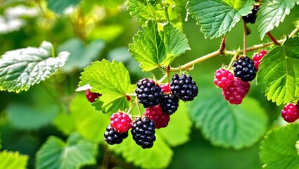 boysenberry fruit, boysenberries attach in green leavs