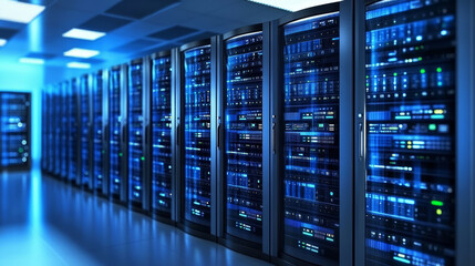 A data center using virtualization technology to run multiple virtual machines on a single server, enhancing efficiency and reducing costs