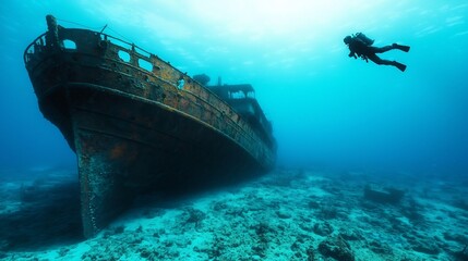 Fototapeta premium Aquanaut swimming near a rusted submerged shipwreck in the ocean with textures and muted aquamarine colors of the seabed and coral reef surrounding the wreckage