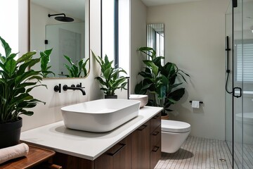 Fototapeta premium Contemporary Minimalist Bathroom Design Featuring Bright White Sink Wooden Vanity and Indoor Plants