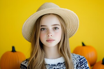 A young woman with long blonde hair wearing a straw hat and a sweater, in front of pumpkins.
