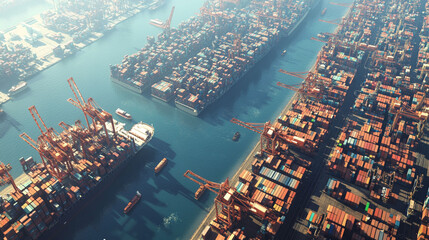 Aerial view of busy port with container ships.