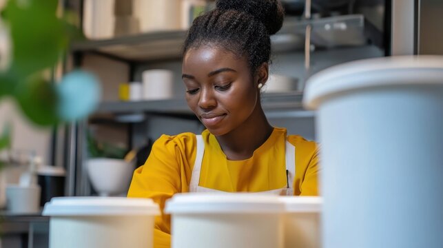 A Black woman dedicates time to sorting biodegradable packaging for recycling in her kitchen