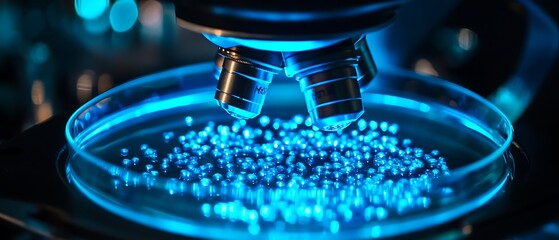 Blue Microscope Examining Glowing Particles in Petri Dish