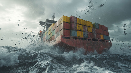 Cargo ship braving stormy seas and high waves.