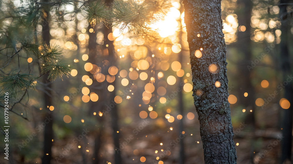 Poster golden sunlight filters through trees, creating a magical atmosphere in the forest at dusk