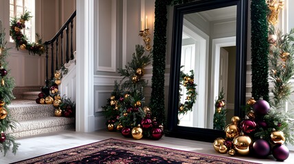 Christmas decorations on a grand staircase, with a large mirror reflecting the elegant hallway.