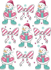 Christmas Snowman Pink Candy Cane Christmas coquette Bow T shirt Design