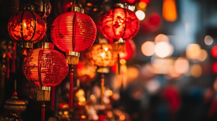 Red paper lanterns with intricate designs hang in a market stall, creating a warm and festive atmosphere.