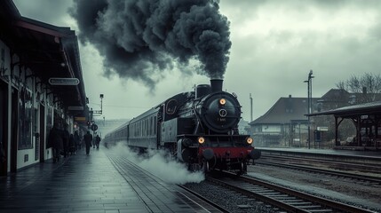 Naklejka premium Steam Train Departing from a Historic Station