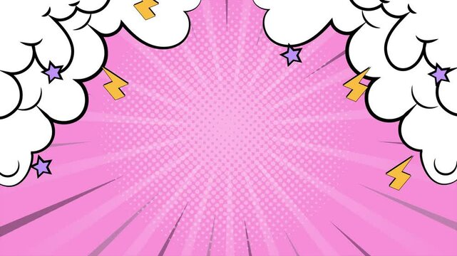 dynamic comic design with a powerful lightning strike and clouds on pink background seamless 4k video background motion pop art design