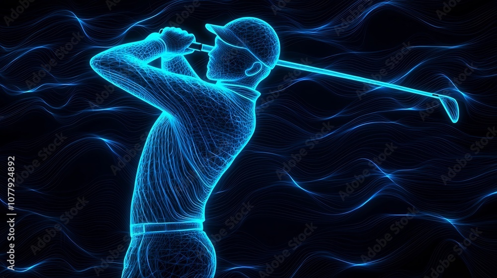 Poster futuristic silhouette of a golfer in full swing motion with a dynamic abstract design of glowing blu