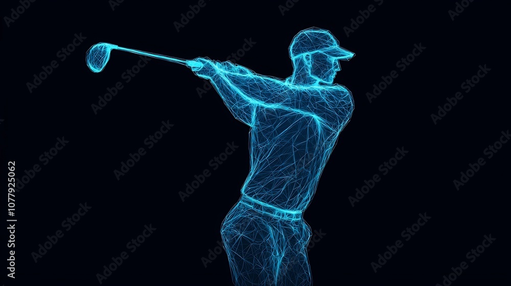 Poster glowing blue geometric figure of a golfer in a full swing motion rendered in a futuristic abstract d