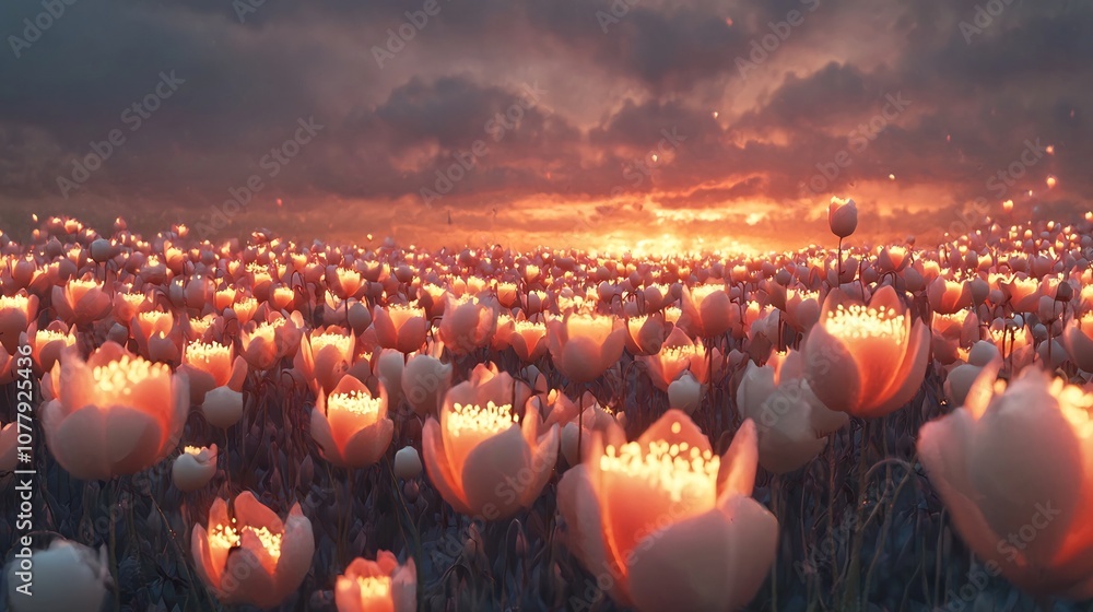 Poster glowing field of vibrant poppies illuminated by soft warm evening light creating a serene and atmosp