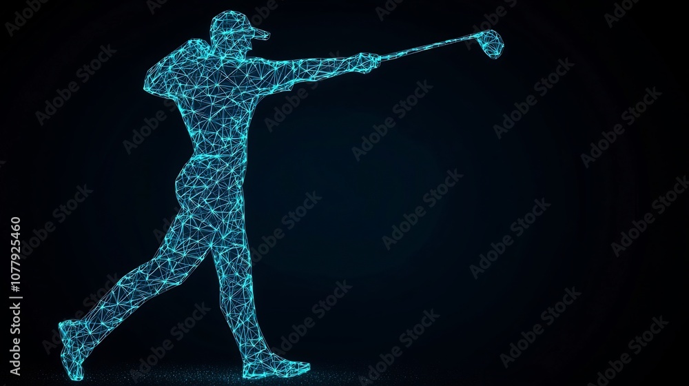 Poster glowing geometric figure of a golfer in a powerful full swing motion against a transparent backgroun