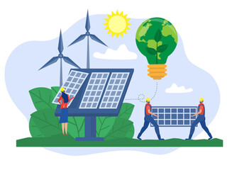 Solar Energy Concept,Worker Engineers Carrying A Solar Panel to installing sunny panel renewable electricity systems Modern Flat Design Vector Illustration.